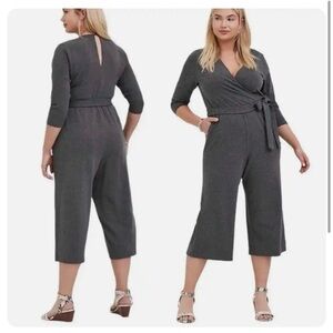 TORRID Faux Wrap City-Chic Crop Wide Leg 3/4 SLV Belted Grey Ponte Jumpsuit 2X